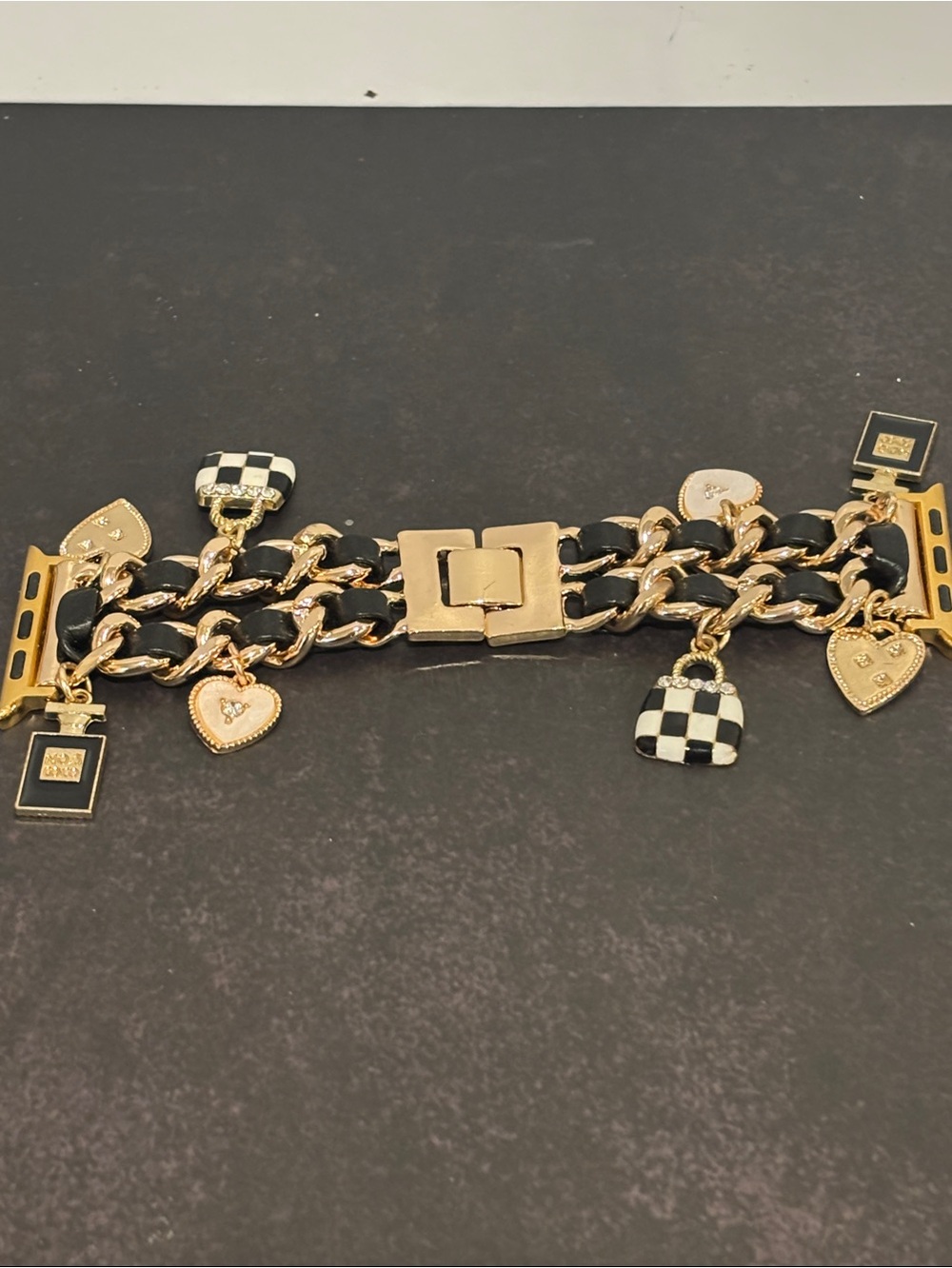 Luxury-Inspired Gold Chain Charm Band for Apple Watch – Black Leather & Pendants